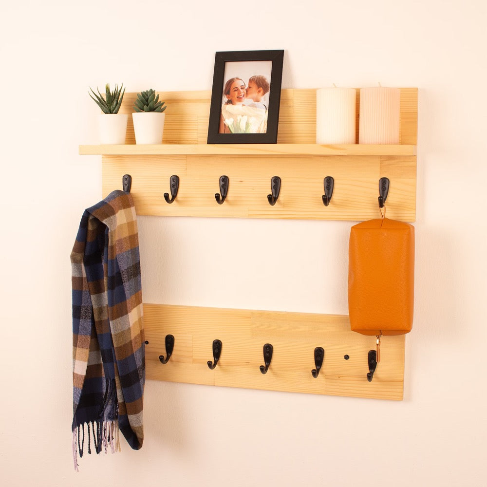 Solid Wood Coat Rack | Coat Rack With Shelf | Key Holder | Entryway Organizer | Towel Rack | Wall Mounted Coat Rack With Storage