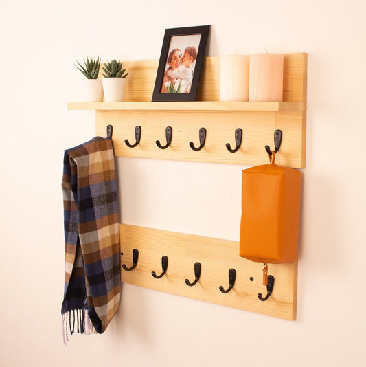 Solid Wood Coat Rack | Coat Rack With Shelf | Key Holder | Entryway Organizer | Towel Rack | Wall Mounted Coat Rack With Storage